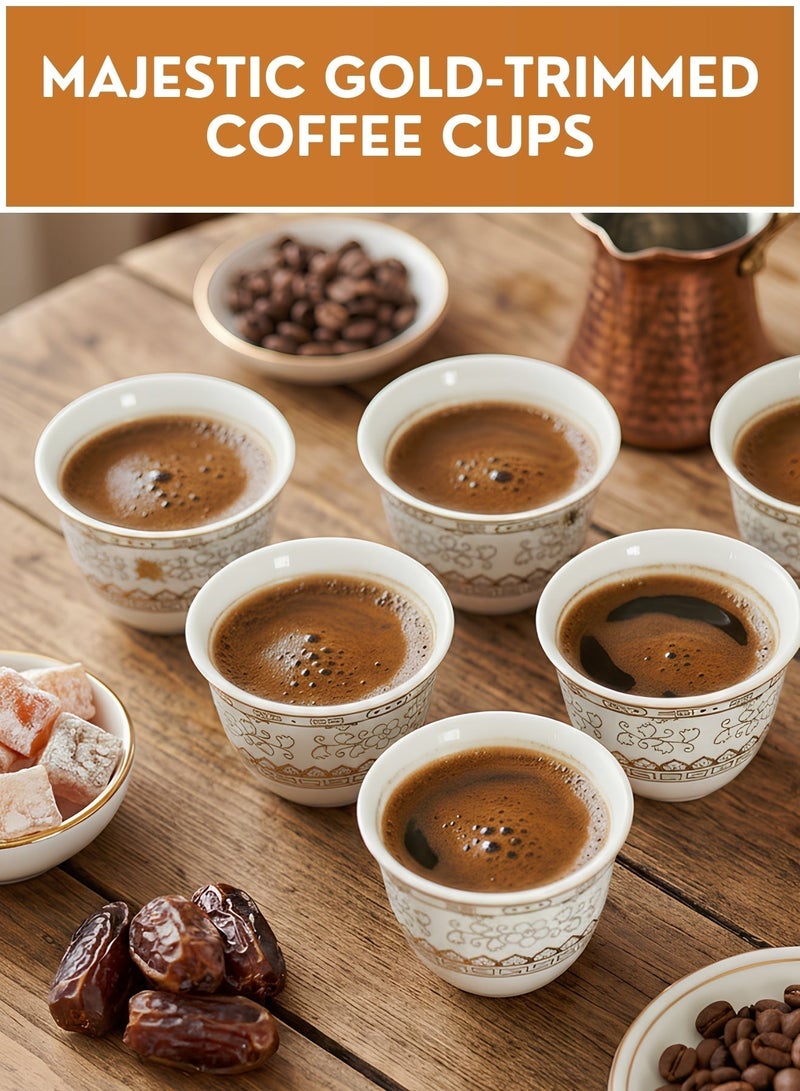 Arabic Qahwa Cups Set 12 PCS – Premium Porcelain Finjan Coffee Cups with Gold Design, Small Handleless Arabic Coffee Cups for Majlis, Home & Gift - Image 2